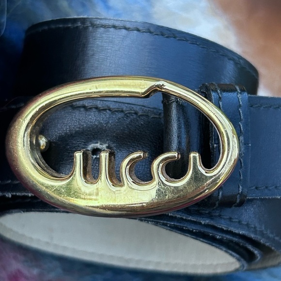 Vintage Gucci Gold Buckle & Black Leather Gucci Belt | Made in Italy | Size 36 - Picture 11 of 12